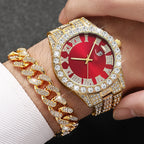 3PCS/Set Luxury Full Diamond Men Quartz Watches Fashion Hip Pop Mens Calendar Wristwatch Bracelet Necklace Set (Without Box)