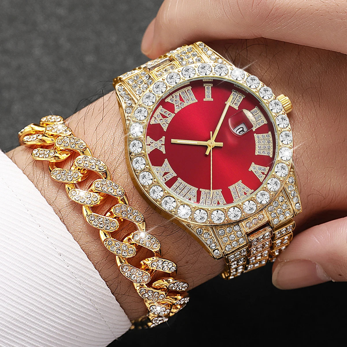 3PCS/Set Luxury Full Diamond Men Quartz Watches Fashion Hip Pop Mens Calendar Wristwatch Bracelet Necklace Set (Without Box)