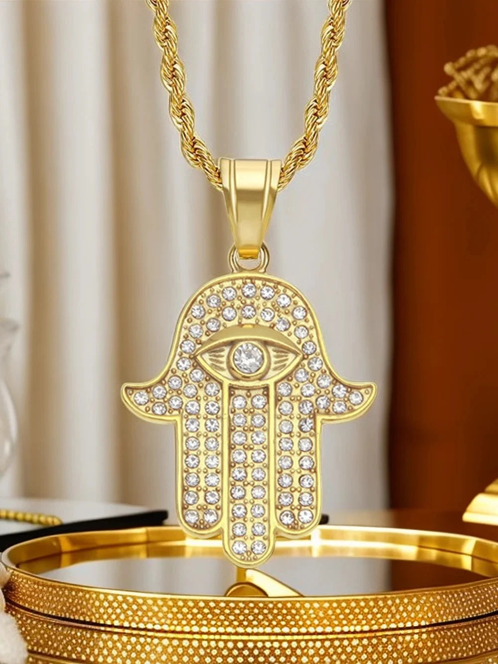 Hamsa Hand of Fatima Necklace Pendant & Chain For Men Women's Gold Color Stainless Steel Palm Necklaces Turkish Jewelry Gift