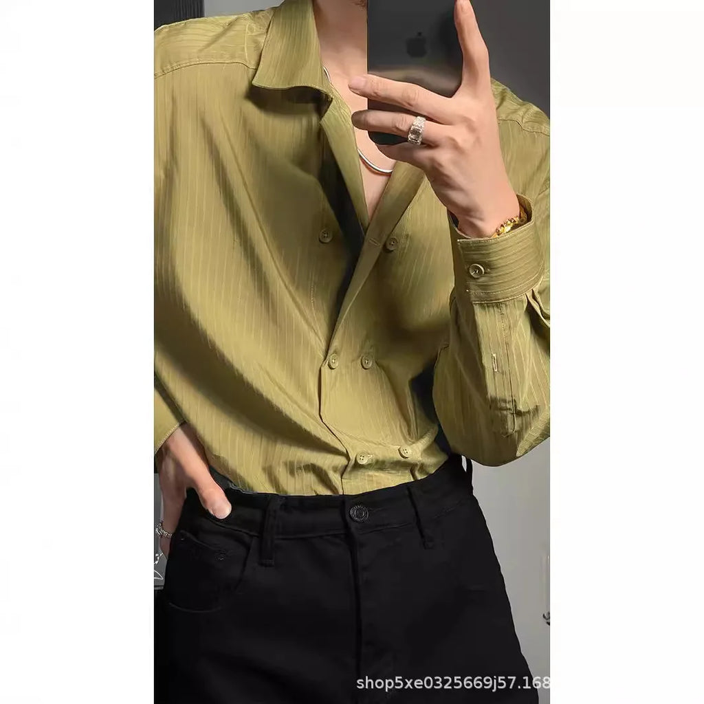 Italian Shirt Men's Trendy Slim Long Sleeve Light Luxury Style Suit Inner Shirt Hairstylist Stripes