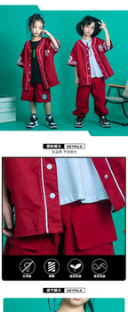 Kids Teenage Streetwear Hip Hop Clothing Red Shirt Tops Casual Cargo Jogger Pants For Girl Boy Jazz Dance Costume Rave Clothes