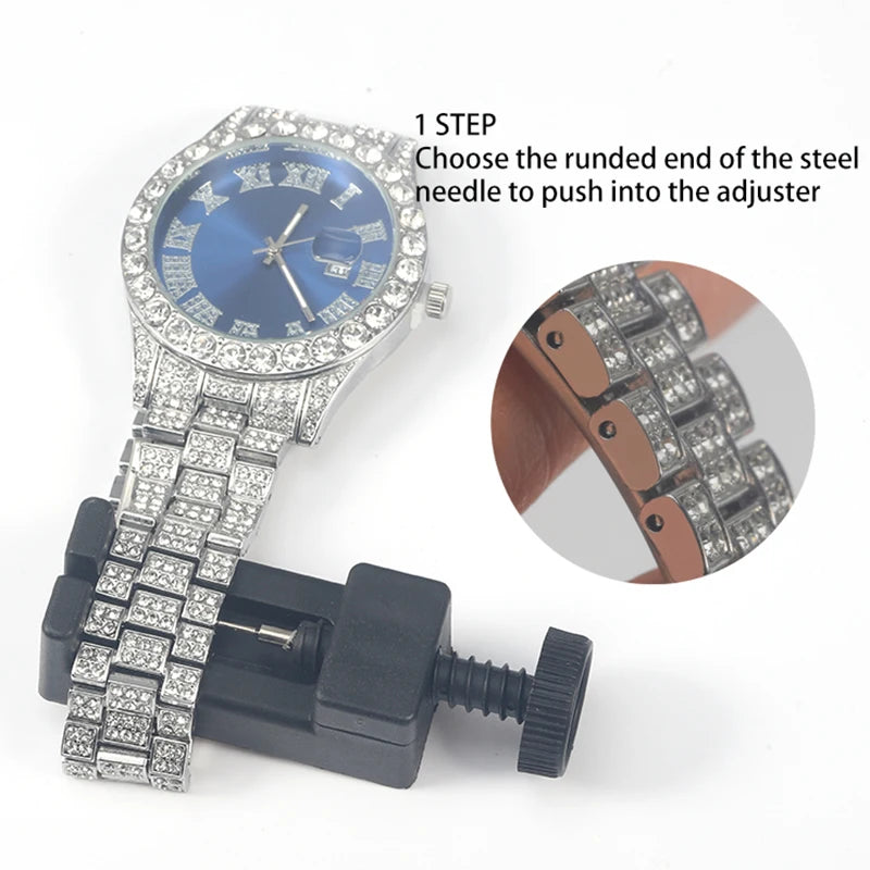 Hip-hop Punk Quartz Watch Stylish Full Diamonds Watch 2 Styles to Choose Bundled Size Adjuster Men Women Party Jewelry Gift Box