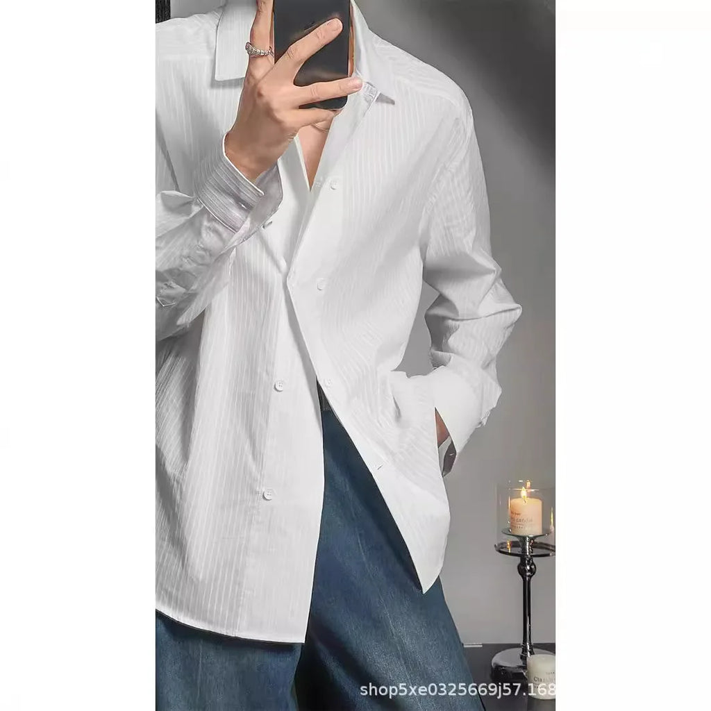 Italian Shirt Men's Trendy Slim Long Sleeve Light Luxury Style Suit Inner Shirt Hairstylist Stripes