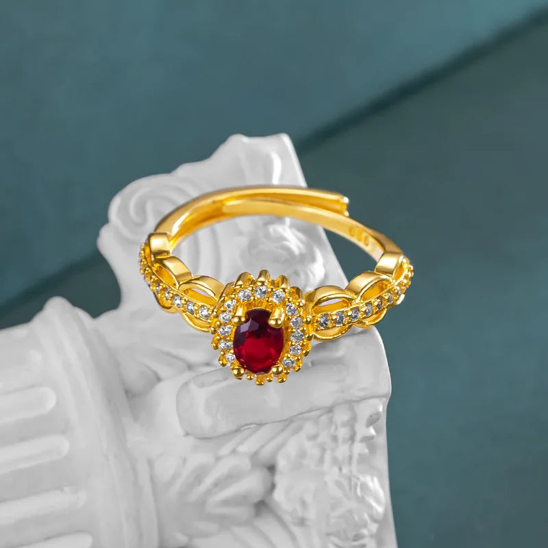 Real 14K Gold Color Ruby Ring for Women Bride Jewelry Open Ring Birthday Engagement Wedding Zircon Women's Ring