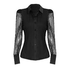 Women's Blouse Spring Summer Black Shirt Collar Lace Sheer Long Sleeve Puff Shoulder Button Front Slim Elegant Sexy Daily Office