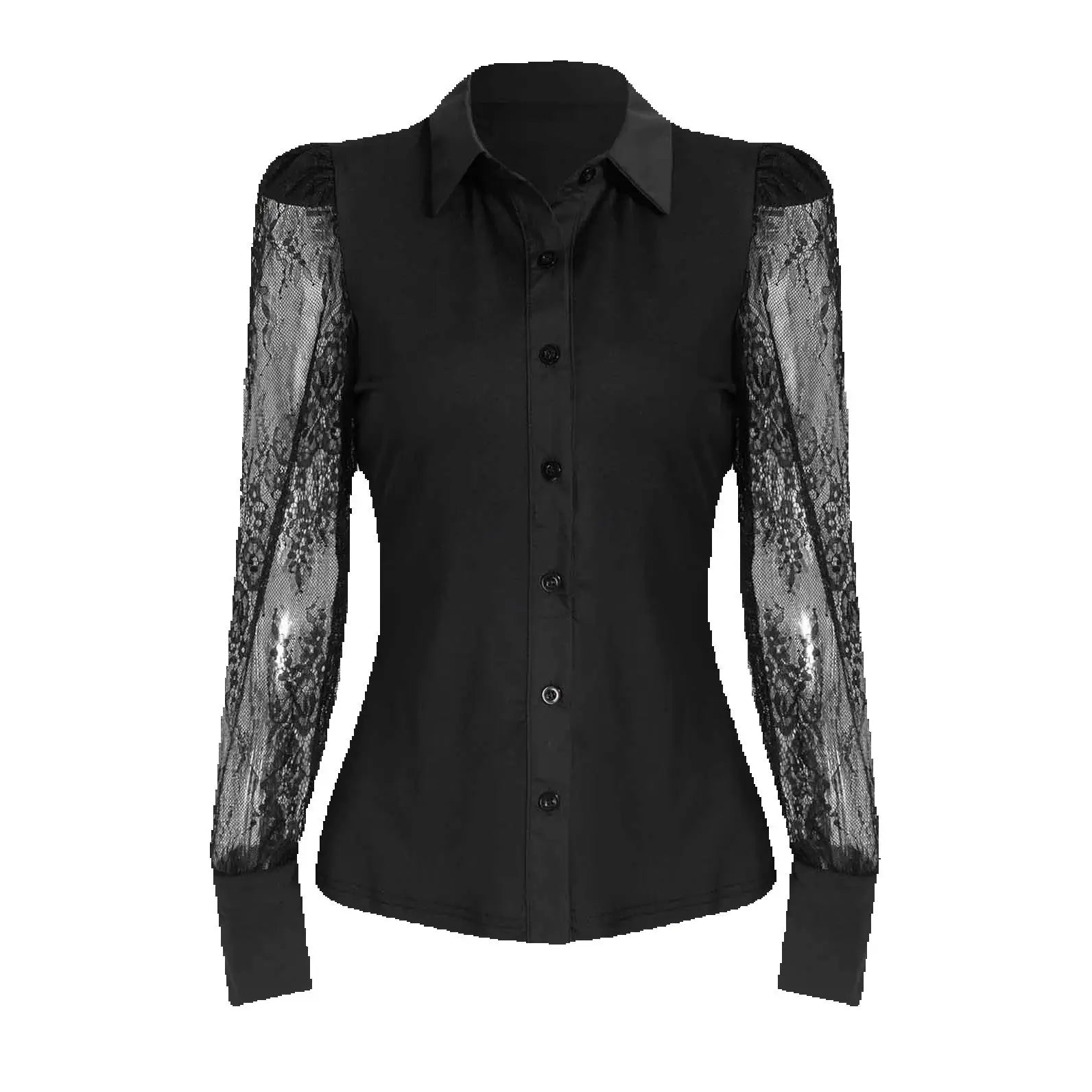 Women's Blouse Spring Summer Black Shirt Collar Lace Sheer Long Sleeve Puff Shoulder Button Front Slim Elegant Sexy Daily Office