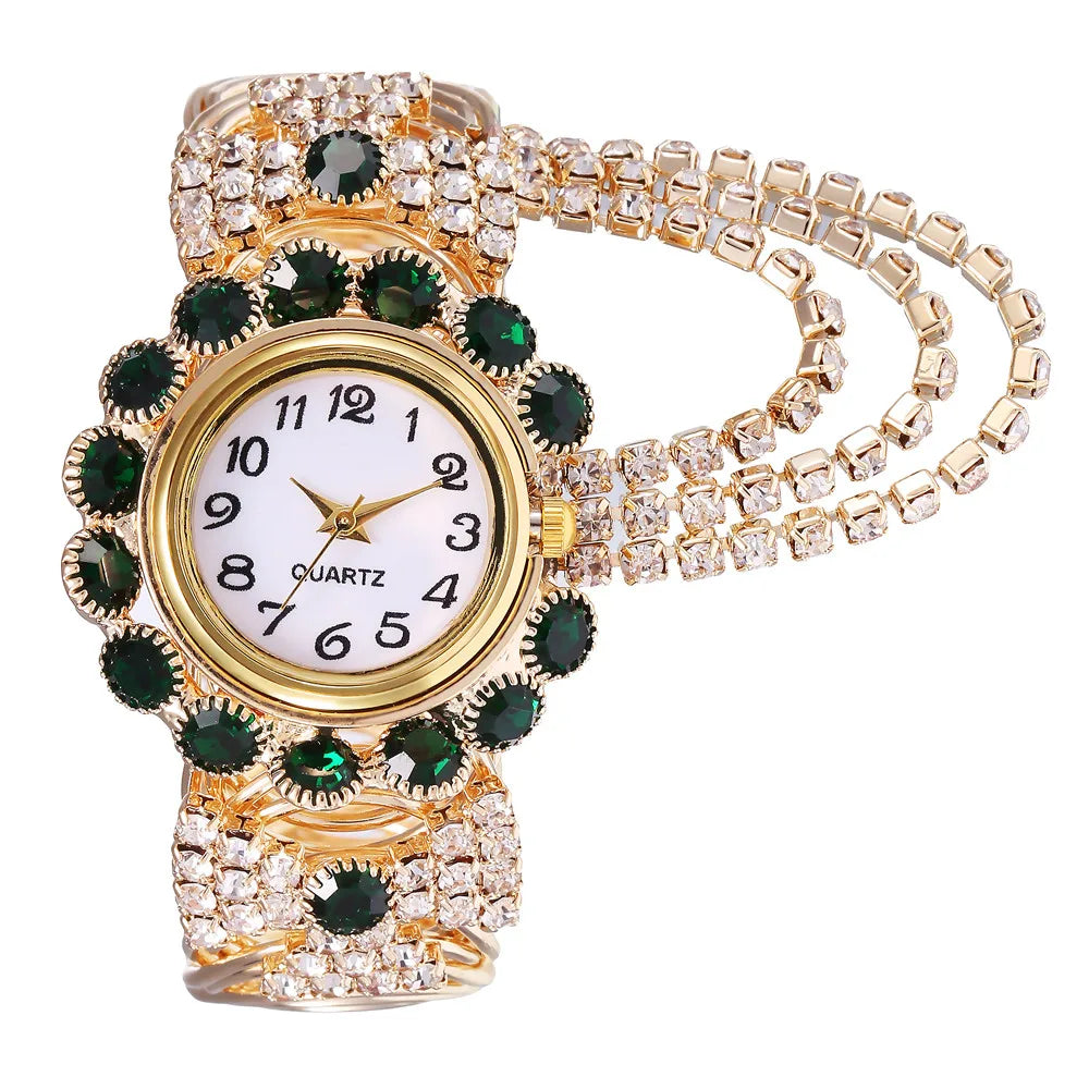 Trendy Leisure Women’s Watch Chic Gold Hollow Design Quartz Watch Stylish Red White Rhinestone Bangle Wristwatch