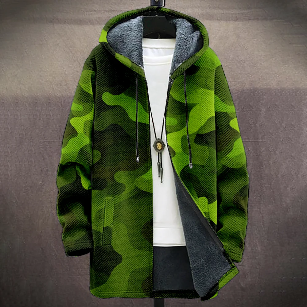 Men's Camouflage Hooded Coat with Fleece Lining Cold Weather Warm Jacket for Autumn Winter Outdoor Streetwear Fashion Trend