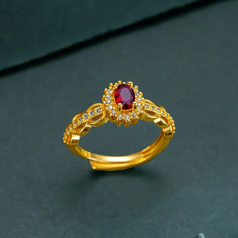 Real 14K Gold Color Ruby Ring for Women Bride Jewelry Open Ring Birthday Engagement Wedding Zircon Women's Ring