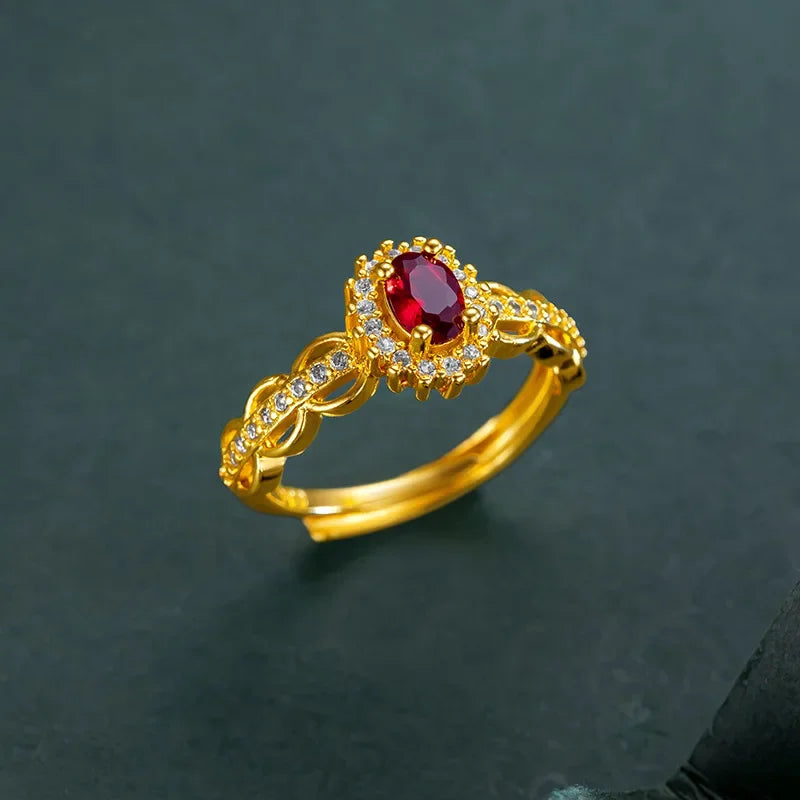 Real 14K Gold Color Ruby Ring for Women Bride Jewelry Open Ring Birthday Engagement Wedding Zircon Women's Ring