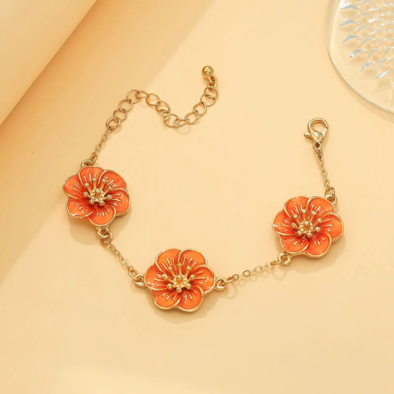 Vintage Drip Oil Flower Pendant Necklace Earrings Bracelet Ring Set for Women Elegant Floral Clavicle Chain Party Jewelry Set