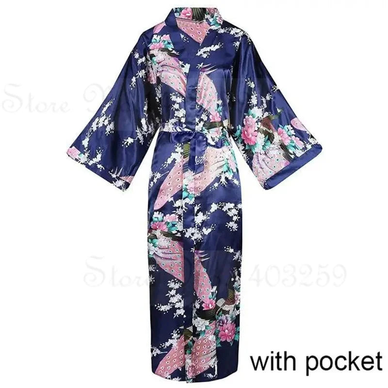 Women Long Robe Kimono Bathrobe Gown with Pockets Sexy Wedding Bride Bridesmaid Dressing Gown Oversize Satin Homewear Loungewear