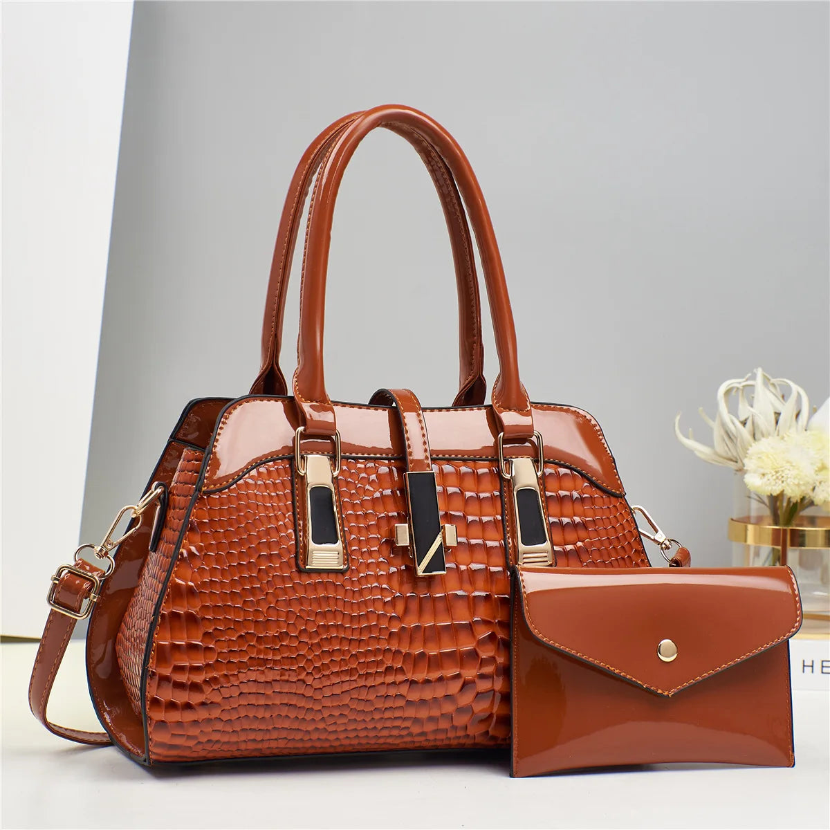Luxury Brand Crocodile Handbag Women Tote Bag Bright Leather Women Purse Shoulder Bag Female Top-handle Bags Commuting Shopping