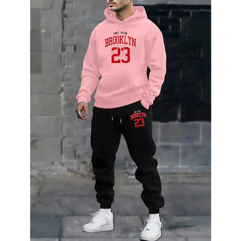 T-shirt set - trendy new style for men - 23 printed casual hooded t-shirt and pants with fleece lining - sports outfit for men