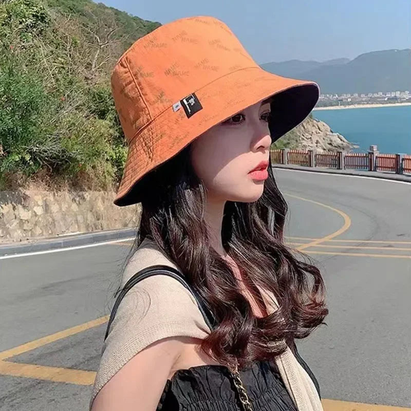 Double-sided Wear Women Bucket Hat Korean Fashion Letter Print Fisherman Hats For Girl Summer Outdoor Beach Basin Cap