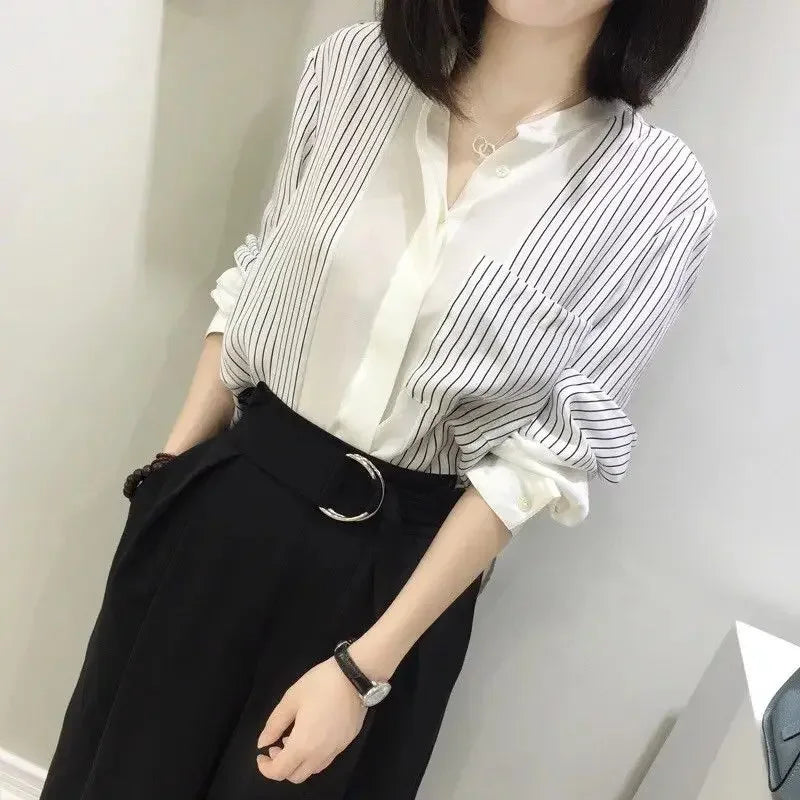 Shirts & Blouses For Women Striped Thin Style Woman Top Button Up Novelty 2025 Cute And Elegant Basic Premium Promotion Xl
