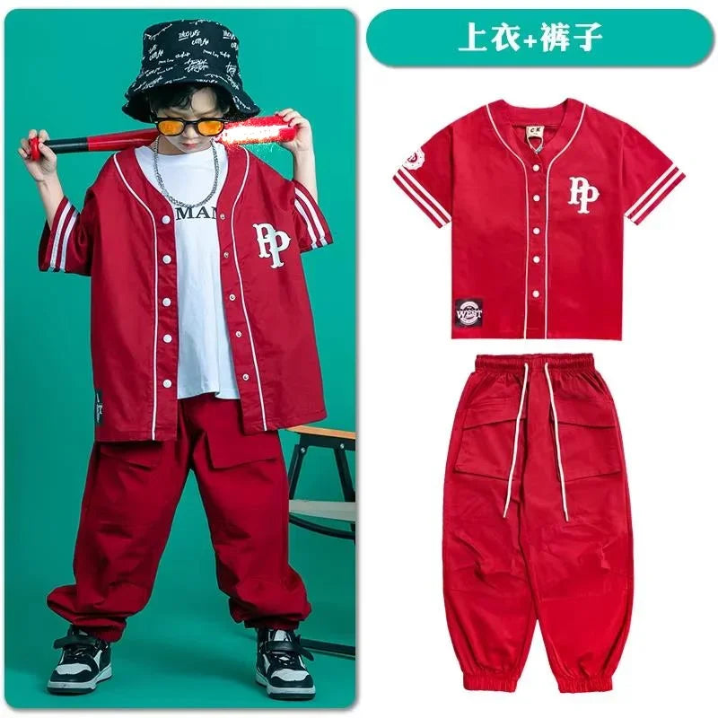 Kids Teenage Streetwear Hip Hop Clothing Red Shirt Tops Casual Cargo Jogger Pants For Girl Boy Jazz Dance Costume Rave Clothes