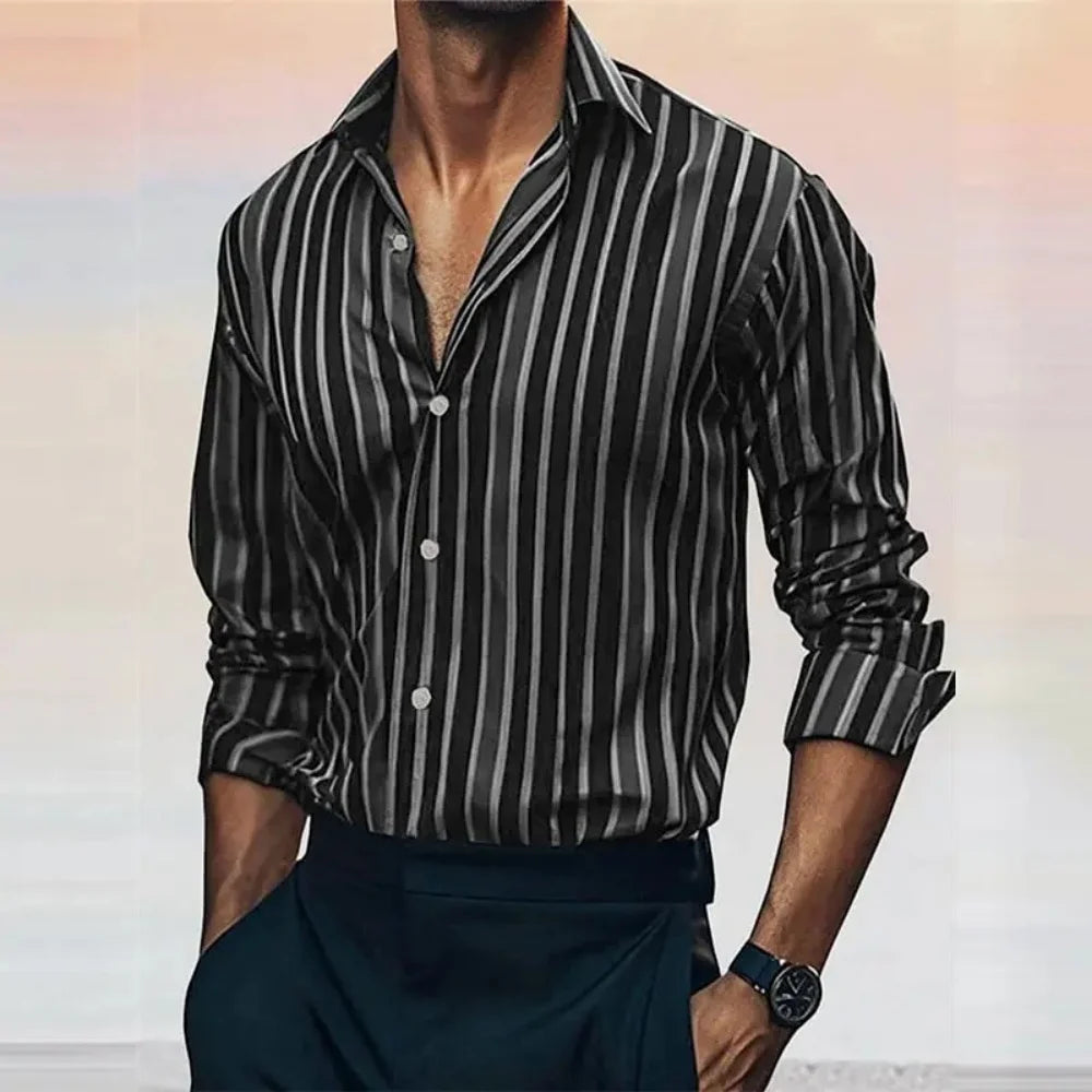 The new fashionable men's striped shirt is a casual and stylish outdoor long-sleeved shirt with a soft and comfortable lapel