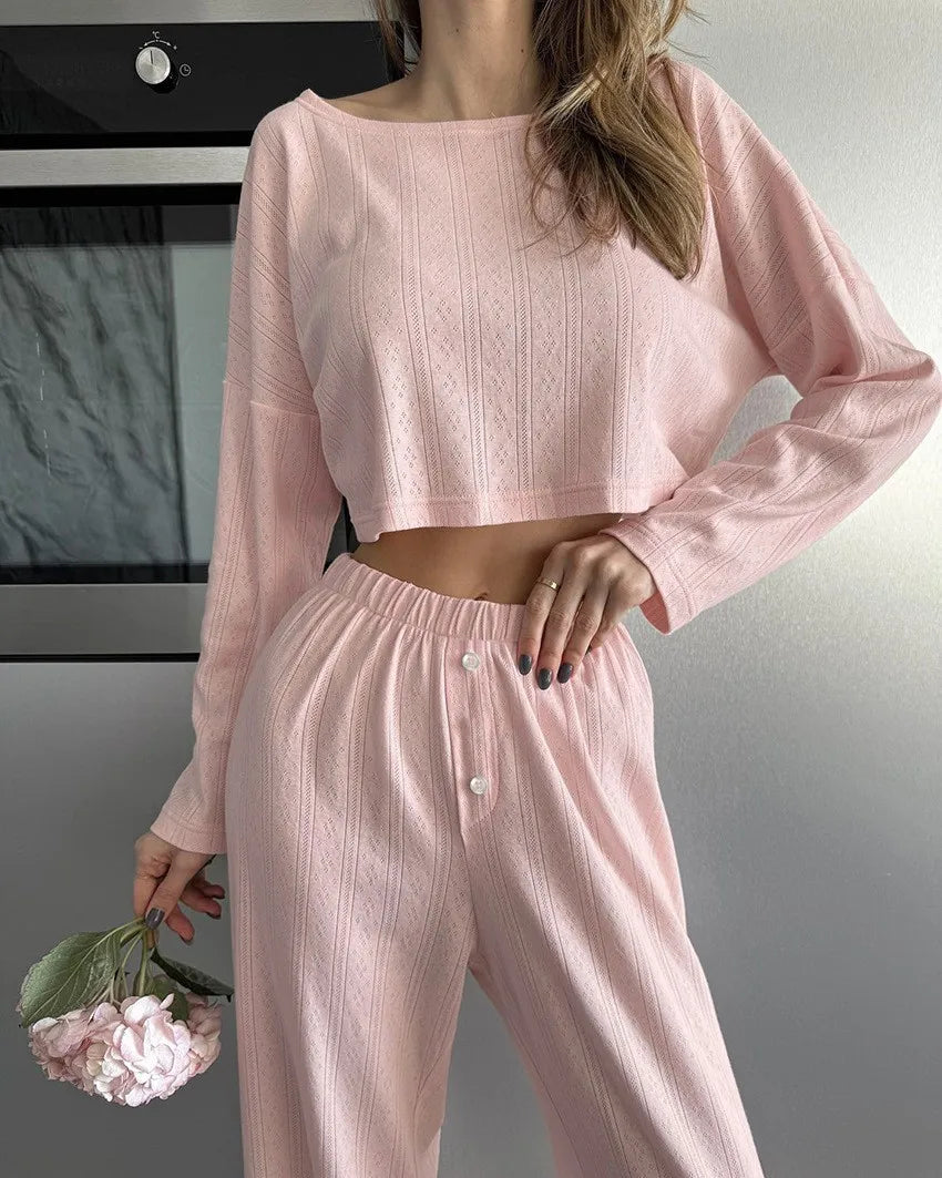 Fashion Knitted Female Pajamas Set Home Clothes Breathable Simple Comfortable Sleepwear Lounge Wear Elegant Casual Pyjamas Suit