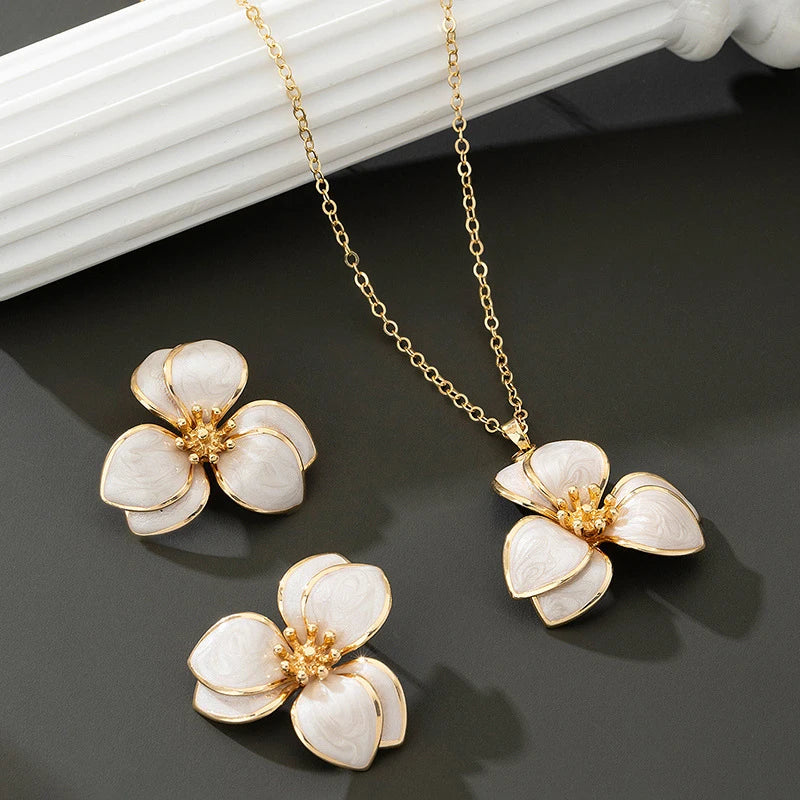 Elegant Jewelry Set for Women Wholesale Gold Color Ring Bangle Green White Enamel Flower Stud Earrings and Choker Necklace