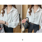 Striped Shirt Women Spring Summer Vintage Chic Loose Long Sleeve Top Office Ladies Fashion Casual Turn Down Collar Blouse