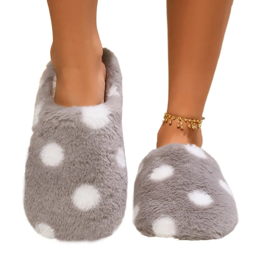 Elegant Soft Sole Plush Slide Slippers Lightweight Anti-slip Dots Fur Slipper Slippers Women Casual House Flat Shoes Winter