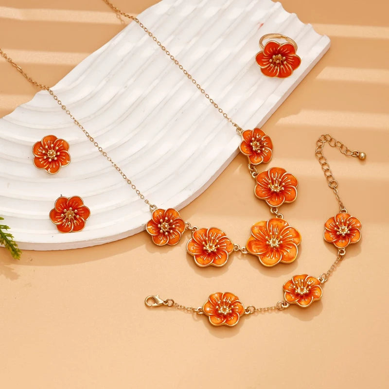 Vintage Drip Oil Flower Pendant Necklace Earrings Bracelet Ring Set for Women Elegant Floral Clavicle Chain Party Jewelry Set