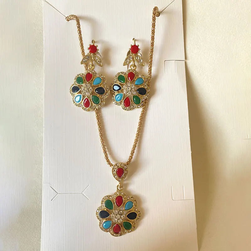 Elegant Turkish Jewellery Set Pear Jewelry White Crystal Green Wedding Necklace Earring Sets For Women Bohemian Ladies Bijoux