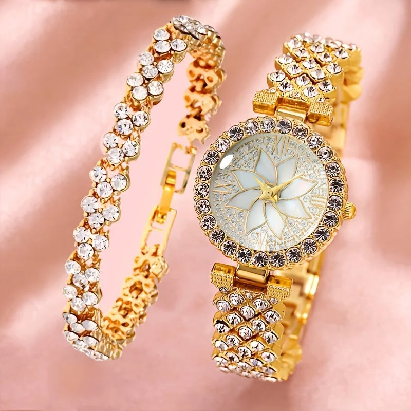 2Pc/Set 1Pc Rhinestone Decor Quartz Watch & 1Pcs Bracelet Fancy Women Watches Jewelry Sophisticated And Stylish Women Watch