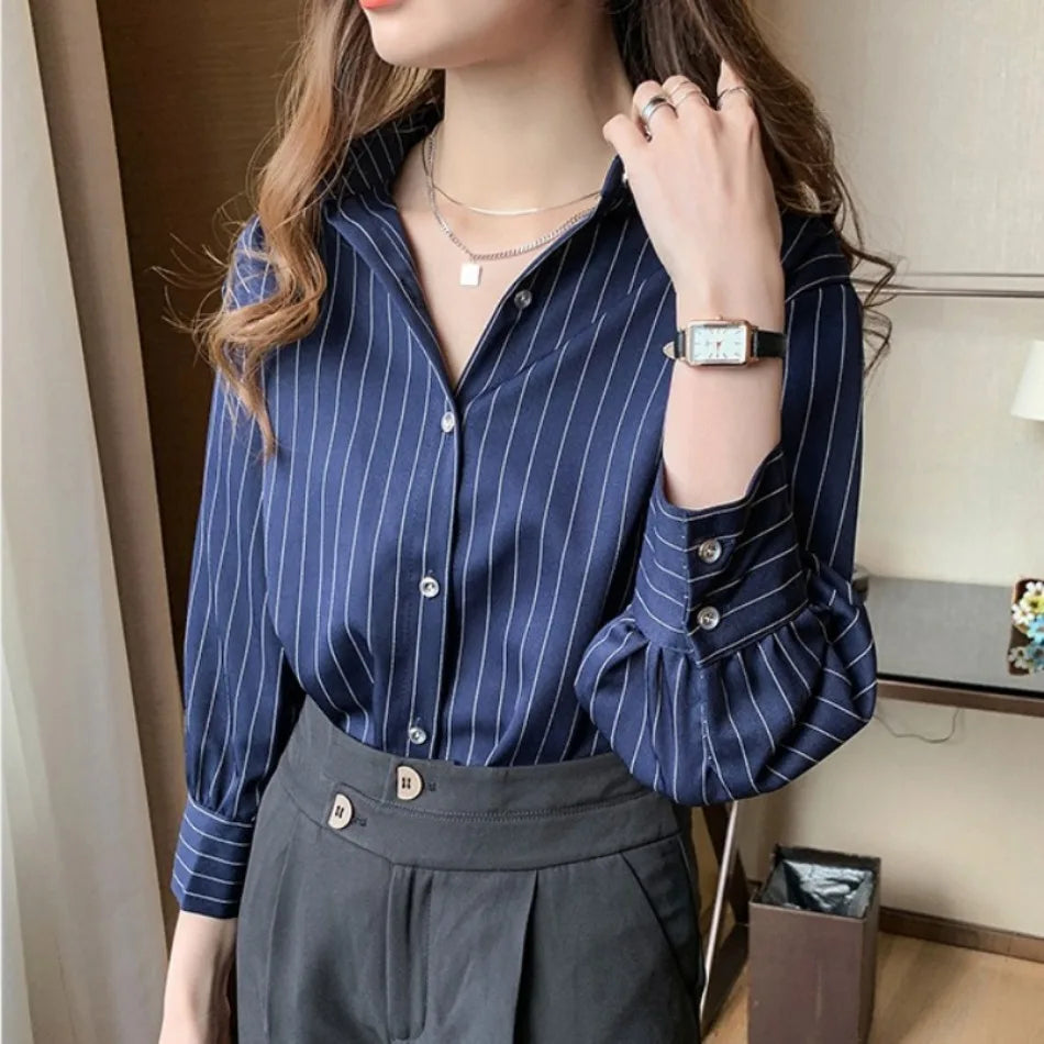 Striped Shirt Women Spring Summer Vintage Chic Loose Long Sleeve Top Office Ladies Fashion Casual Turn Down Collar Blouse
