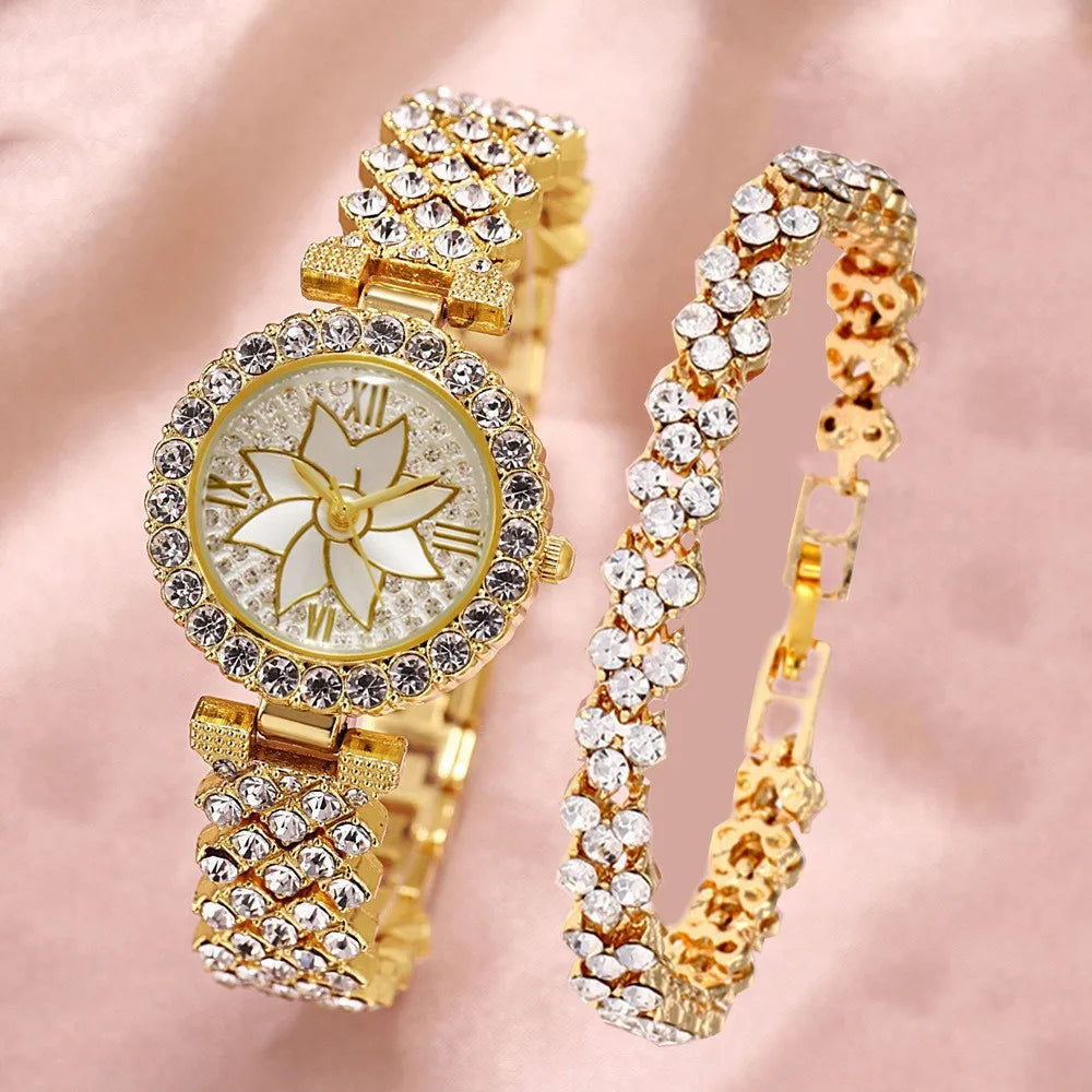 2Pc/Set 1Pc Rhinestone Decor Quartz Watch & 1Pcs Bracelet Fancy Women Watches Jewelry Sophisticated And Stylish Women Watch