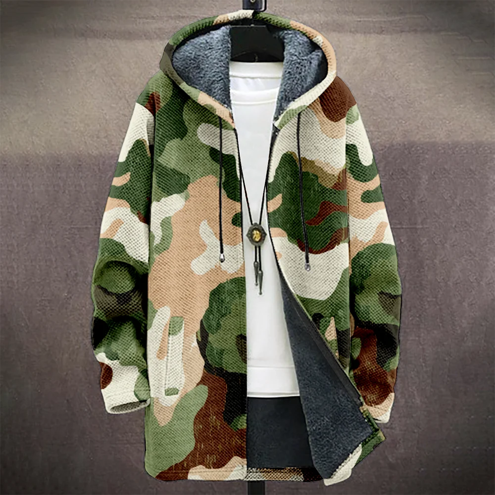 Men's Camouflage Hooded Coat with Fleece Lining Cold Weather Warm Jacket for Autumn Winter Outdoor Streetwear Fashion Trend