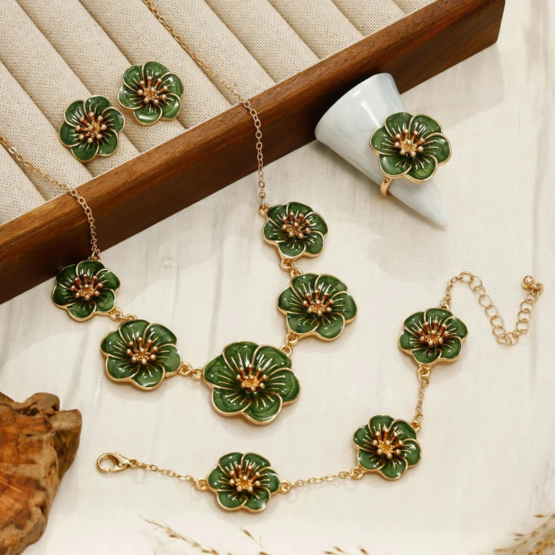 Vintage Drip Oil Flower Pendant Necklace Earrings Bracelet Ring Set for Women Elegant Floral Clavicle Chain Party Jewelry Set