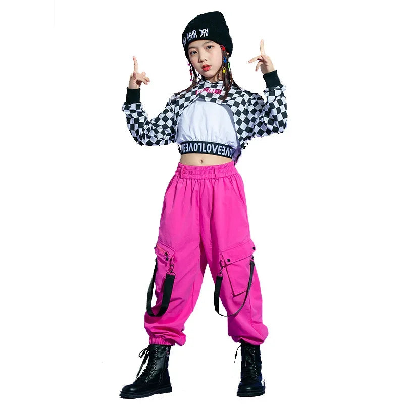 Kids Teenage Streetwear Hip Hop Clothing Red Shirt Tops Casual Cargo Jogger Pants For Girl Boy Jazz Dance Costume Rave Clothes