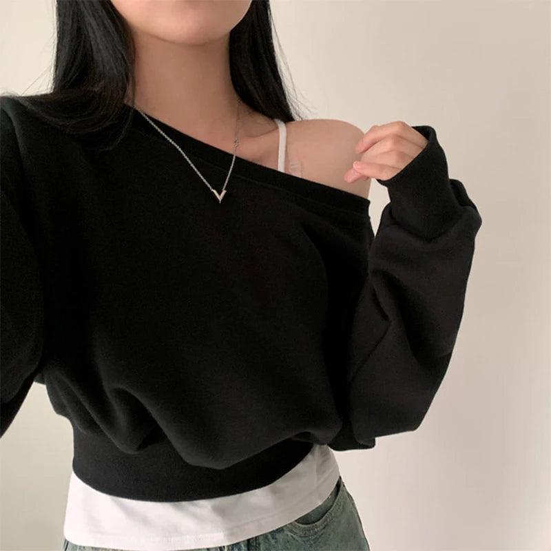 Korean Streetwear Off-shoulder Long Sleeve Loose Casual Cropped Sweatshirt For Women