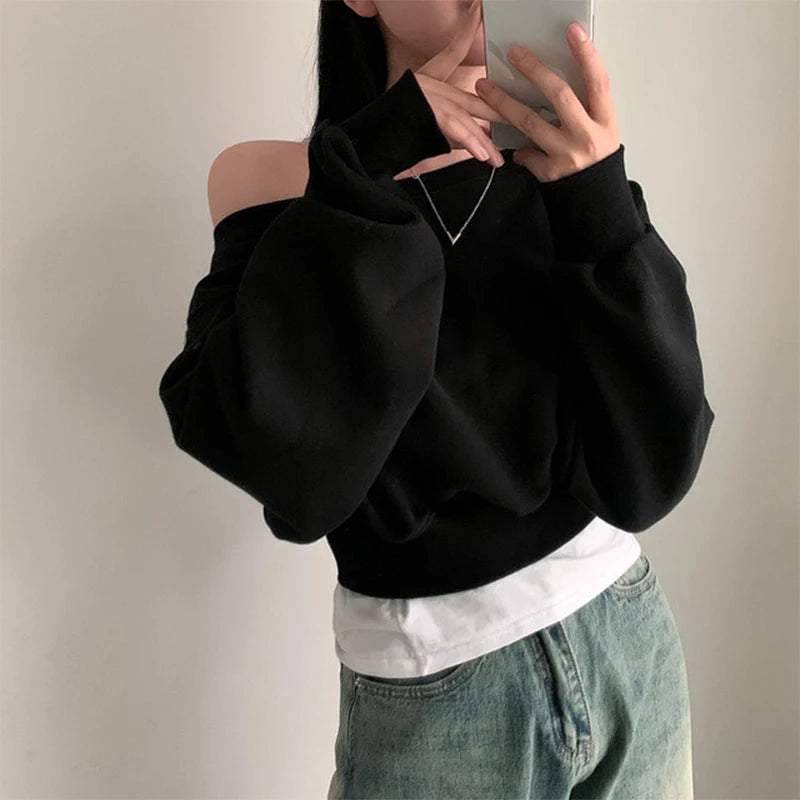 Korean Streetwear Off-shoulder Long Sleeve Loose Casual Cropped Sweatshirt For Women