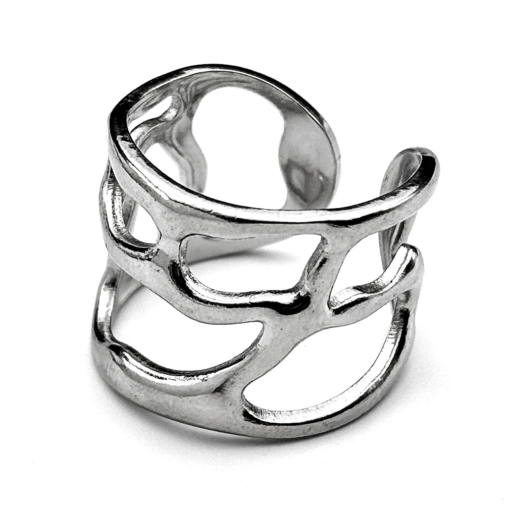 Irregular Hollow Ring For Women Metal Texture Waterproof Daily Simple Stylish Silver Color Rings Stainless Steel Finger Jewelry