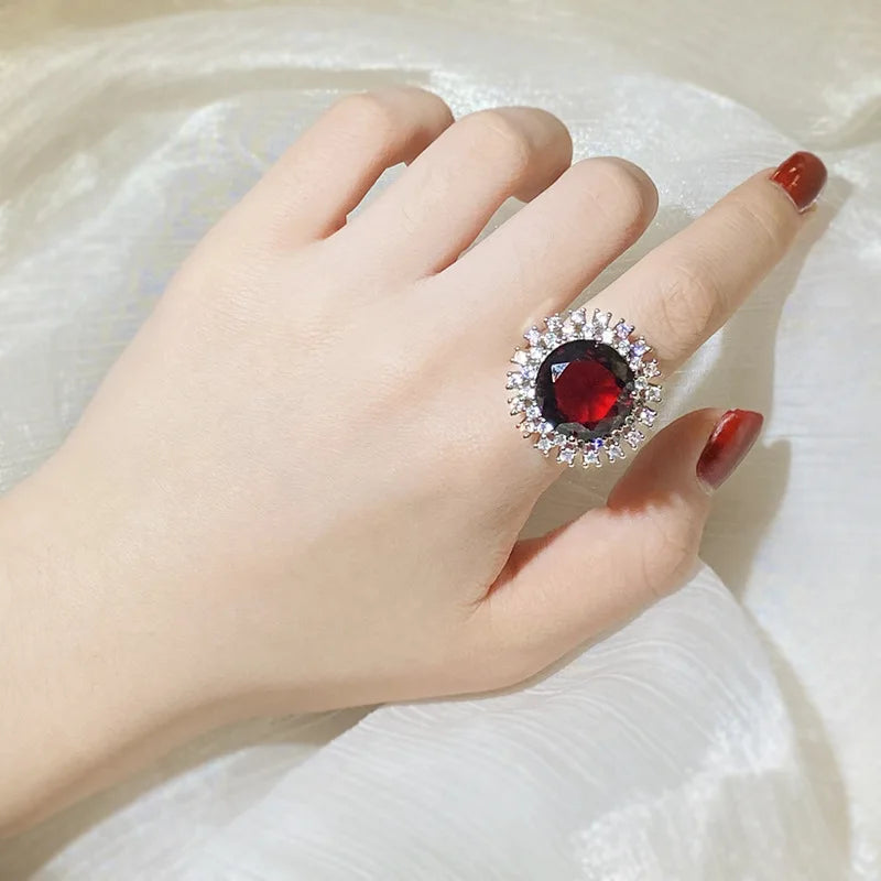 Red Round Gemstone Stone Ring For Women Elegant Engagement Wedding Ring Sterling Silver Color Austrian Crystals Fashion Jewelry