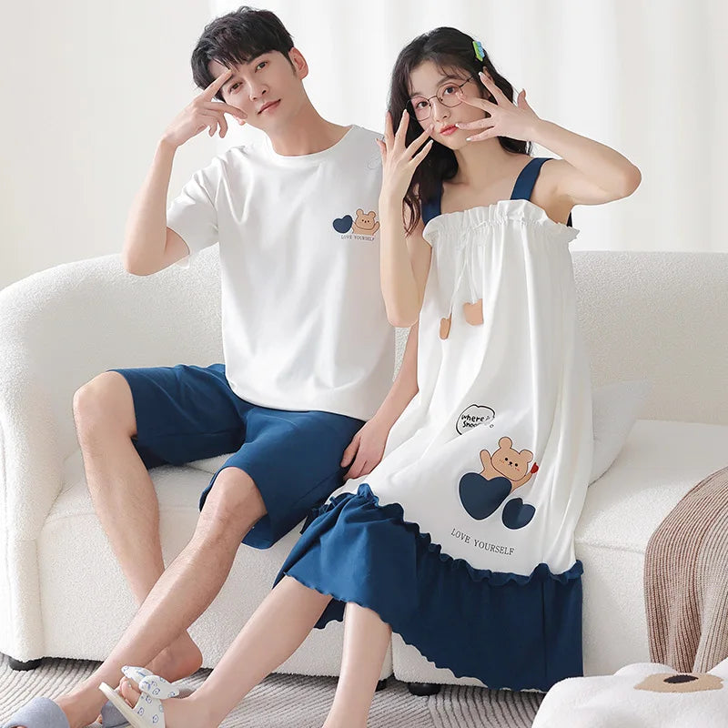 Summer Pyjamas Men Knited Cotton Pajamas Set Korean Sweet Pijamas Ladies Sexy Sleepwear Home Clothing For Youth Boy Girl