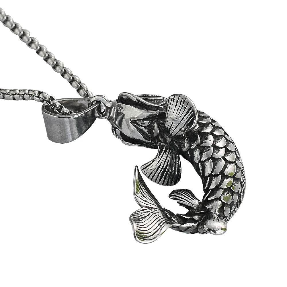 Fortune Koi Fish Necklace for Men Women Good Luck Wealth Retro Jumping Carp Pendant Stainless Steel Jewelry Best Gifts