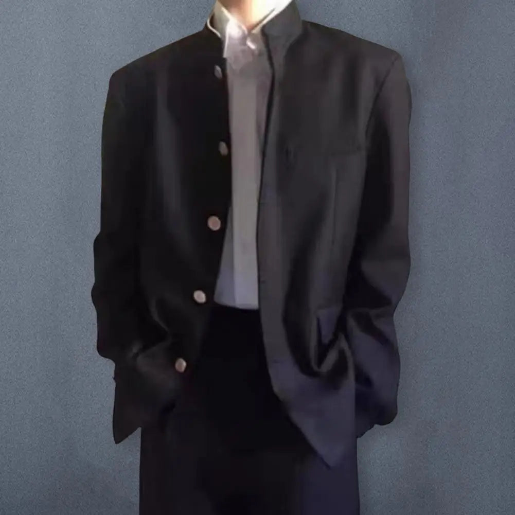 Men Suit Coat Japanese Style School Uniform Stand-up Collar Single-Breasted Formal Jacket With Flap Pockets Chinese Tunic Suit