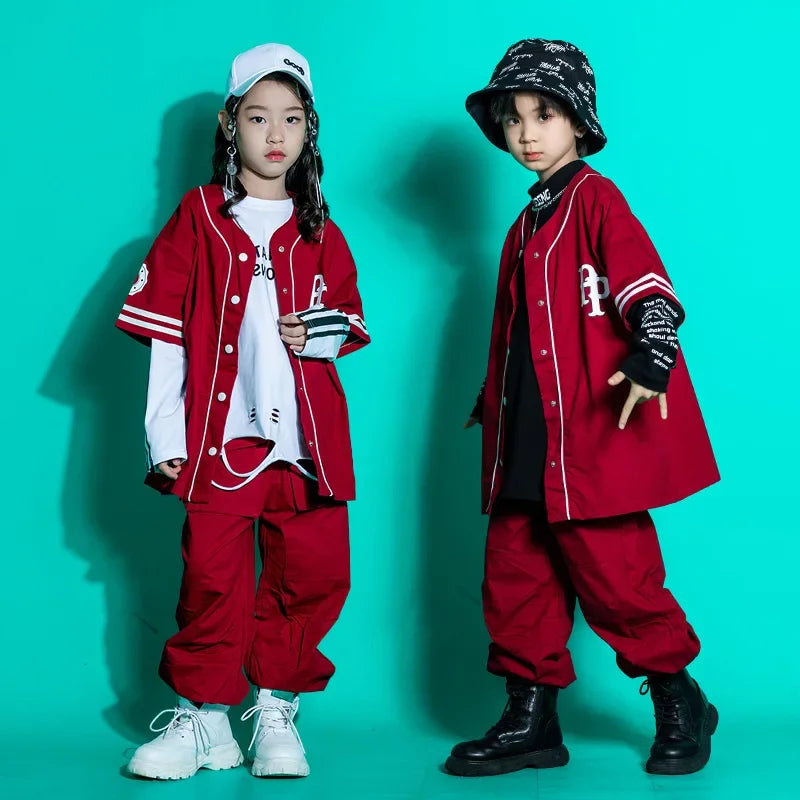 Kids Teenage Streetwear Hip Hop Clothing Red Shirt Tops Casual Cargo Jogger Pants For Girl Boy Jazz Dance Costume Rave Clothes
