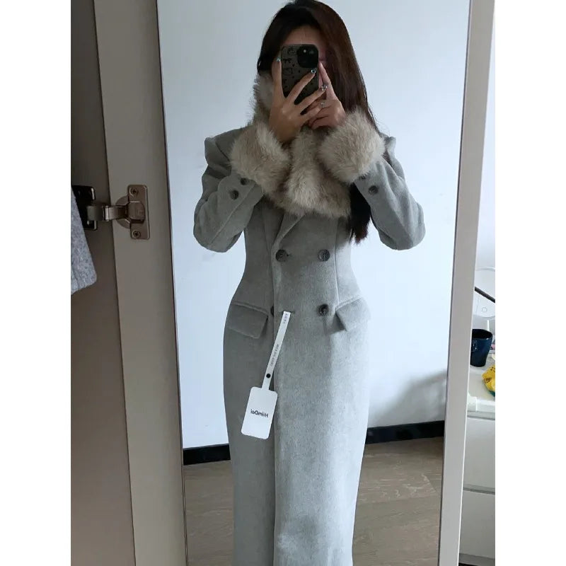 Korean Fashion Women Casual Loose Woolen Coat Elegant and Chic Solid Outerwear Long Overcoat Female Warm Cloak