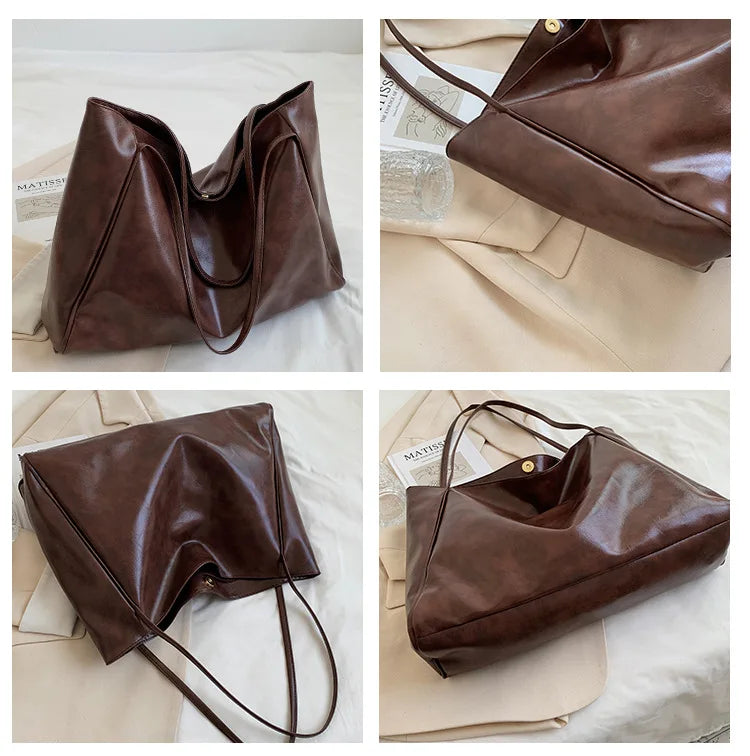 Tote Women's Bag Korean Style Large Capacity Soft Leather Shoulder Bag Retro Casual Hand-held Bucket Bag 2025 Одноплечевая сумка