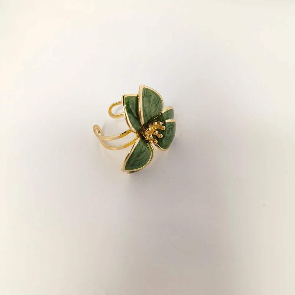 Elegant Jewelry Set for Women Wholesale Gold Color Ring Bangle Green White Enamel Flower Stud Earrings and Choker Necklace