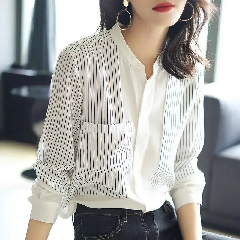 Shirts & Blouses For Women Striped Thin Style Woman Top Button Up Novelty 2025 Cute And Elegant Basic Premium Promotion Xl