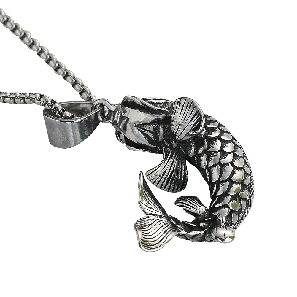 Fortune Koi Fish Necklace for Men Women Good Luck Wealth Retro Jumping Carp Pendant Stainless Steel Jewelry Best Gifts