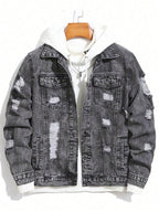 1Pc Y2Kmen's Four Seasons Destroyed Stone Washed Light Jacket Daily American Street Casual Denim Jacket (No Hood/No Accessories)