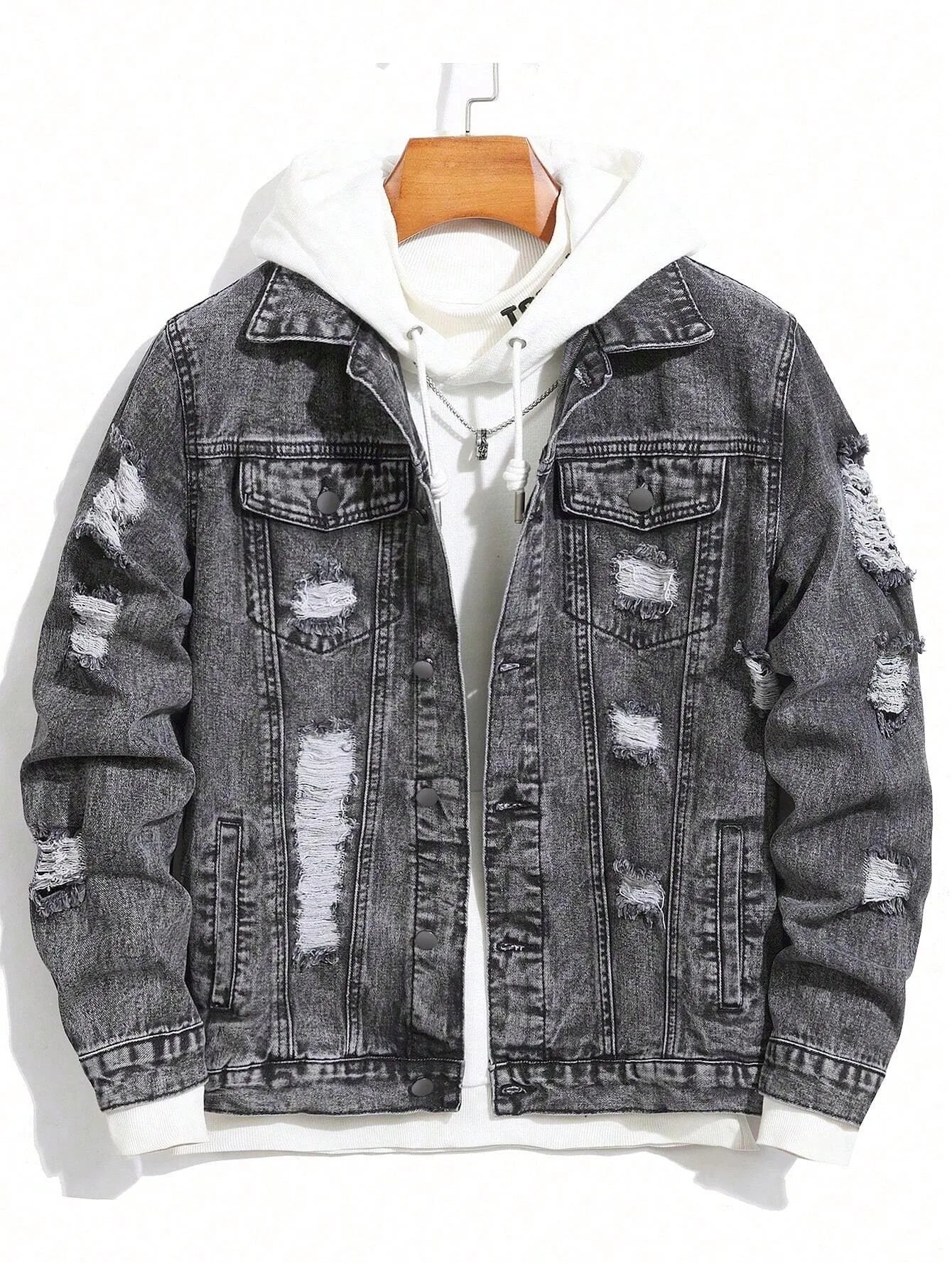1Pc Y2Kmen's Four Seasons Destroyed Stone Washed Light Jacket Daily American Street Casual Denim Jacket (No Hood/No Accessories)