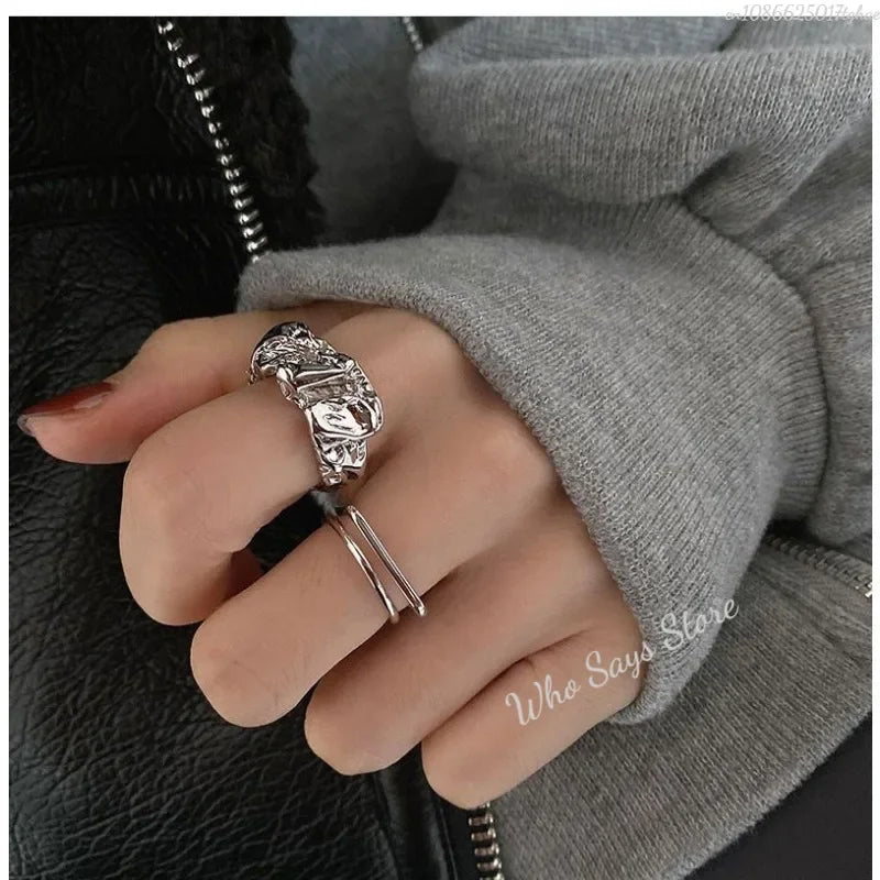 Irregular Pleated Ring for Women Men Open Adjustable Rings Wide Trendy Finger Rings Y2K Accessories Fashion Punk Jewelry